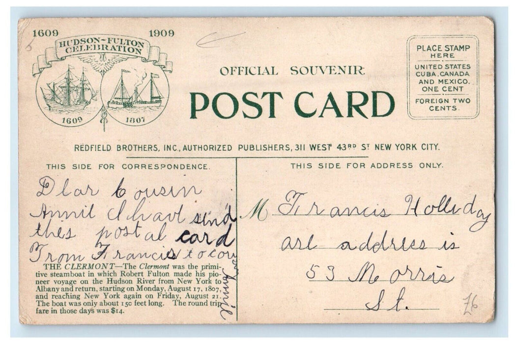 1909 Robert Fulton's Steamboat Clermont New York NY Posted Antiqud  Postcard