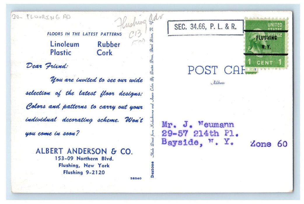 c1940 Albert Anderson & Co Flooring Advertising Flushing New York NY Postcard
