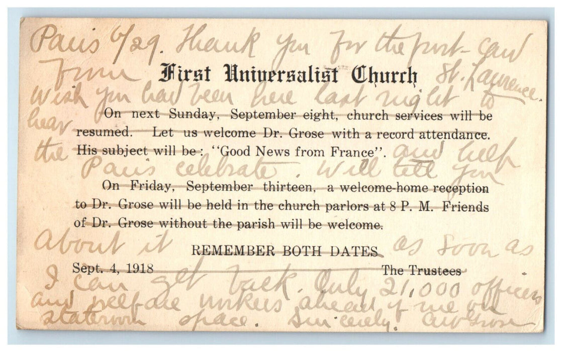 1918 First Universalist Church Dates Posted Antique Advertising Postcard