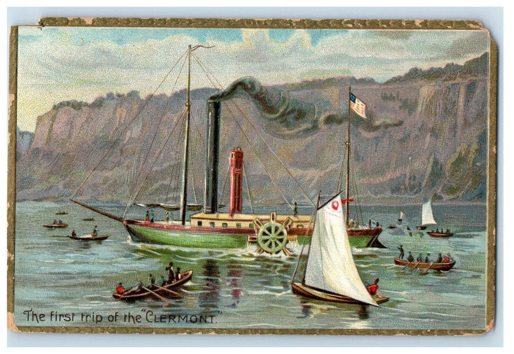 1909 The First Trip Of The Clermont NY, Steamer Canoeing Tuck's Antique Postcard