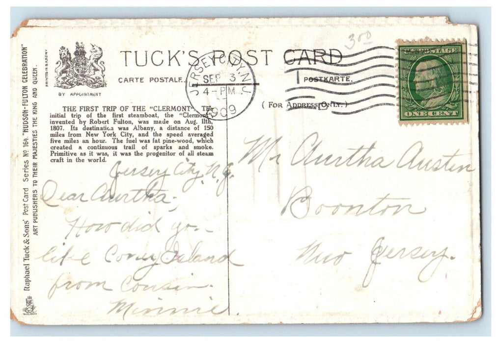 1909 The First Trip Of The Clermont NY, Steamer Canoeing Tuck's Antique Postcard