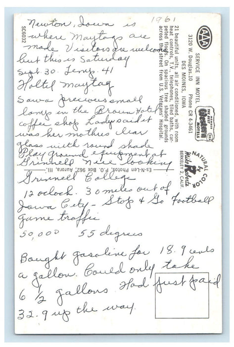 1961 Service Inn Motel Des Moines Iowa IA Vintage Posted Mike Roberts Postcard