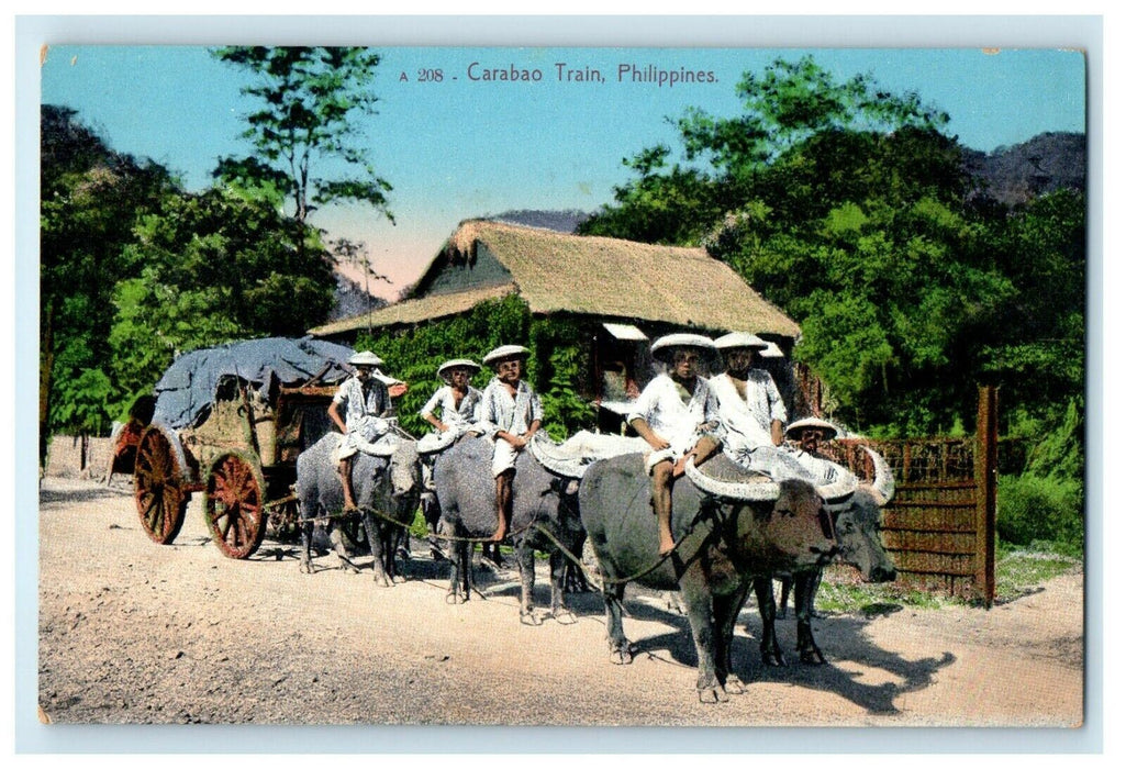 1914 Farmers Riding The Carabao Train Philippines Divided Back Antique Postcard