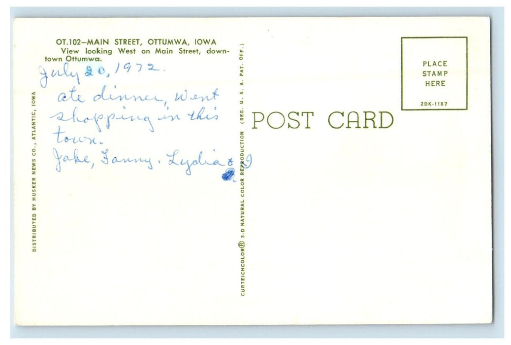 1972 A View Of Main Street Cars Buildings Ottawa Iowa IA Vintage Postcard