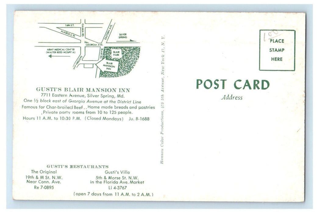 Gusti's Blair Mansion Inn And Restaurant Silver Spring Maryland MD Postcard