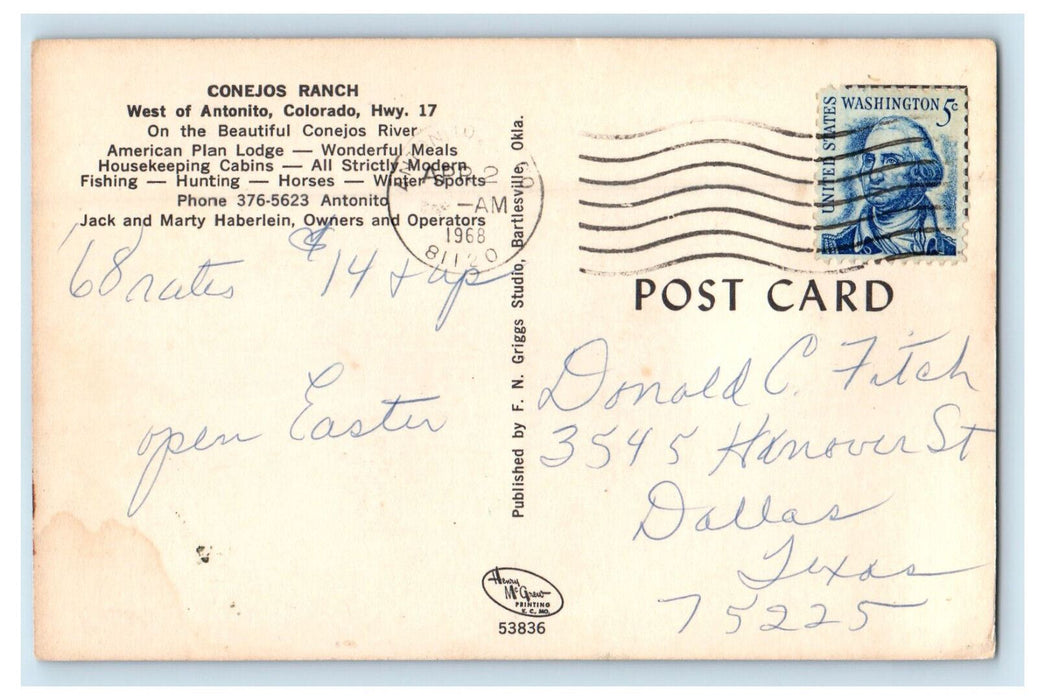 1968 Conejos Ranch American Plan Lodge West of Antonito Colorado CO Postcard