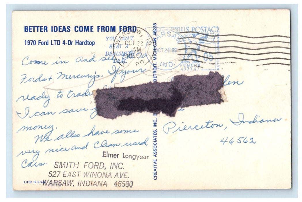 1969 Ford LTD 4-Dr Hardtop Smith Ford Inc Warsaw Indiana IN Postcard
