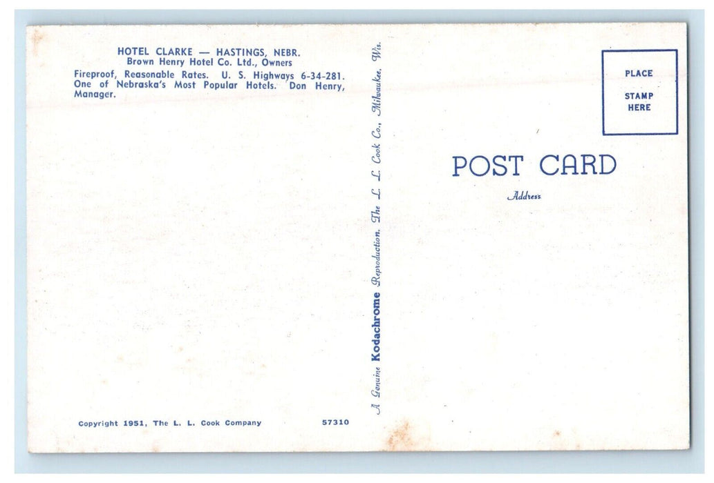 Hasting Nebraska NE, Hotel Clarke Building Cars Street View Vintage Postcard