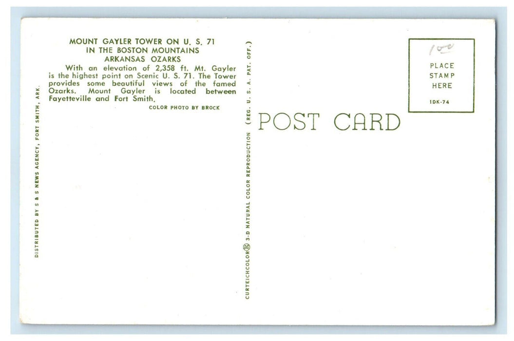 c1950's Mount Gayer Tower On U.S 71 Boston Mountains Ozarks Arkansas AR Postcard