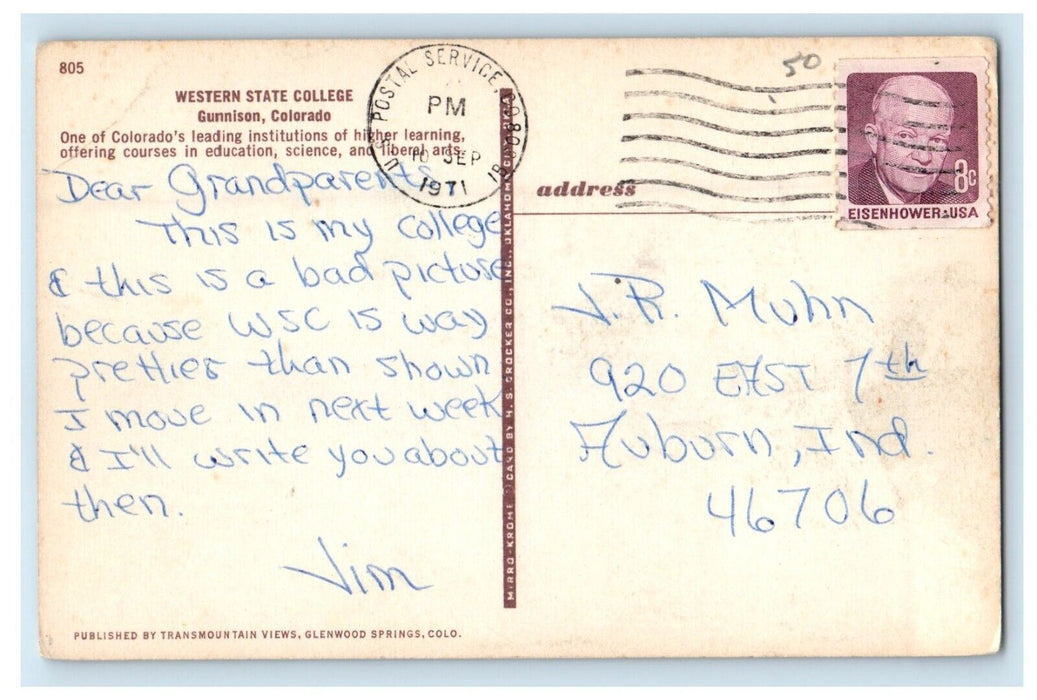 1971 Bird's Eye View Of Western State College Gunnison Colorado CO Postcard