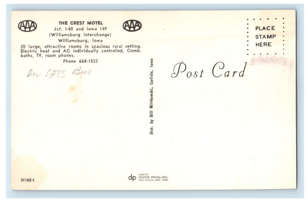 The Crest Motel Bedroom View Williamsburg Iowa IA Unposted Vintage Postcard