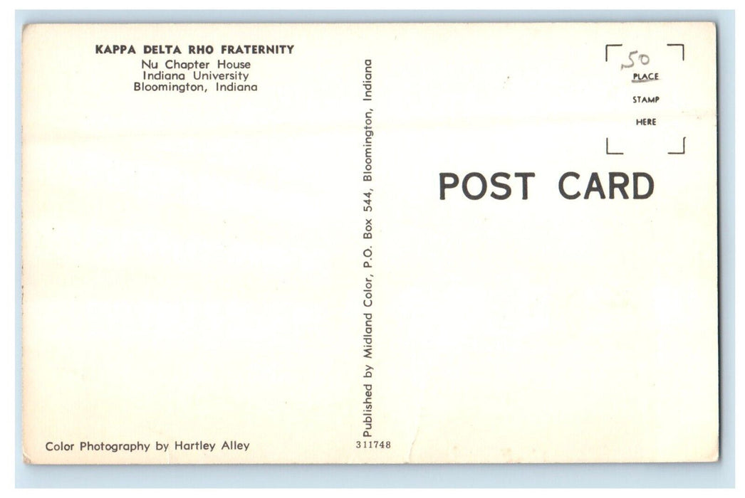 Kappa Delta Rho Fraternity Chapter House University Bloomington IN Postcard