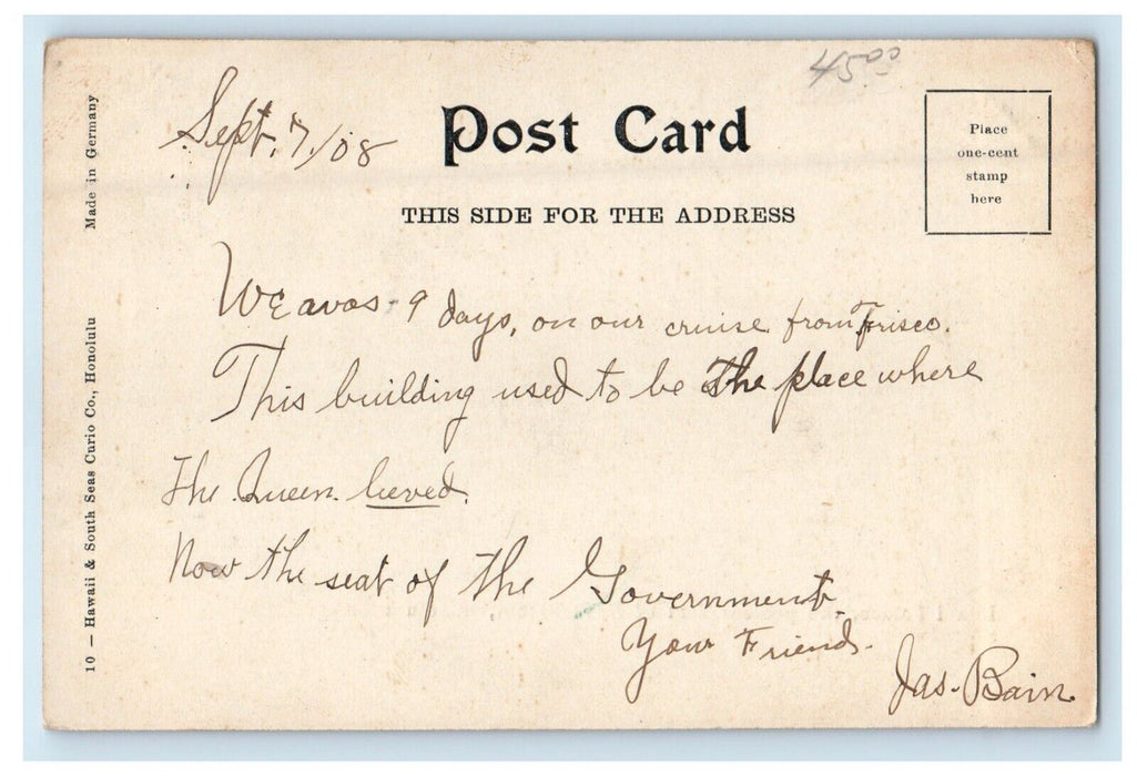1908 Iolani Palace, The Present Seat Of Government Honolulu Hawaii HI Postcard