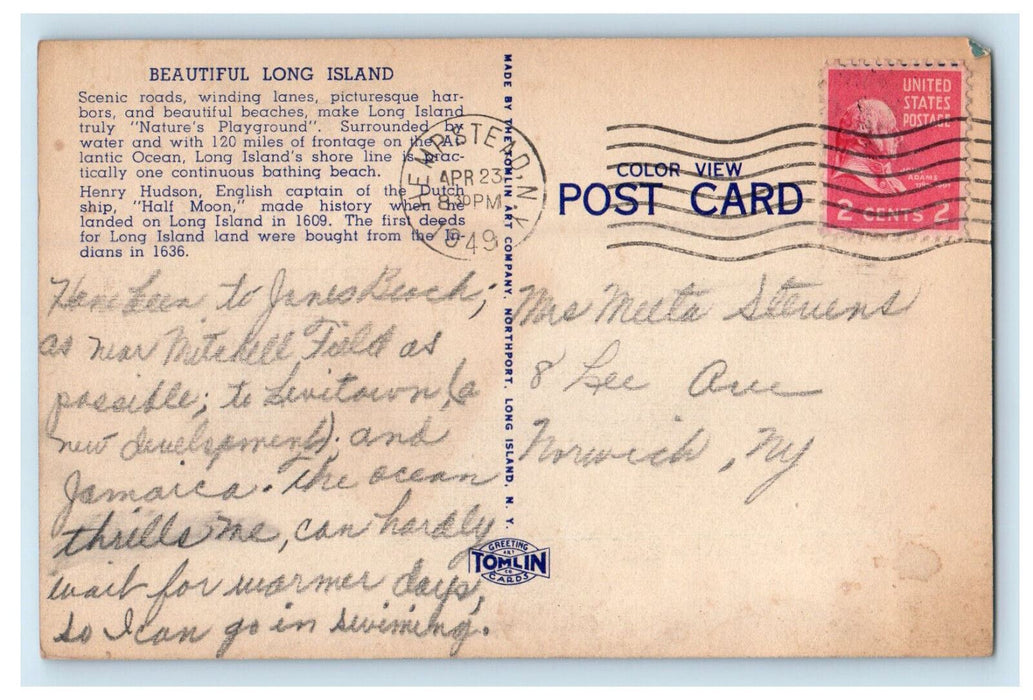 1949 Map View, Greetings from Long Island New York NY Antique Posted Postcard