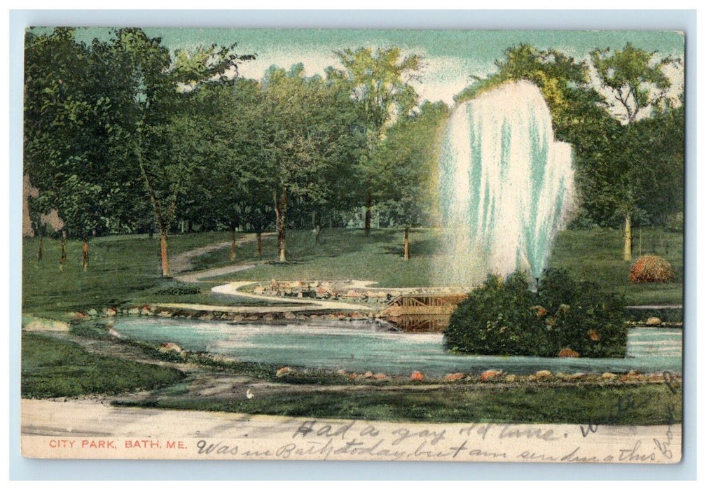 1907 View Of City Park Fountain Bath Brunswick Maine ME Posted Antique  Postcard