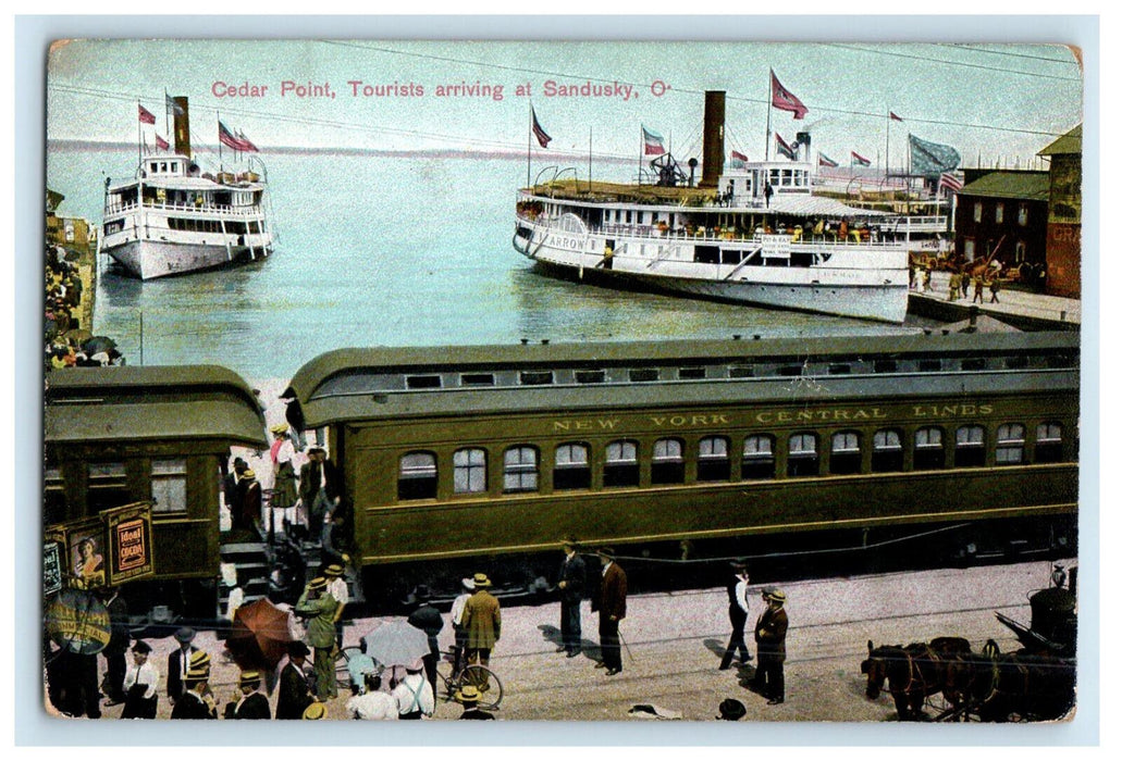 c1910 Two Steamboats, Train Locomotive, Cedar Point Sundusky Ohio OH Postcard