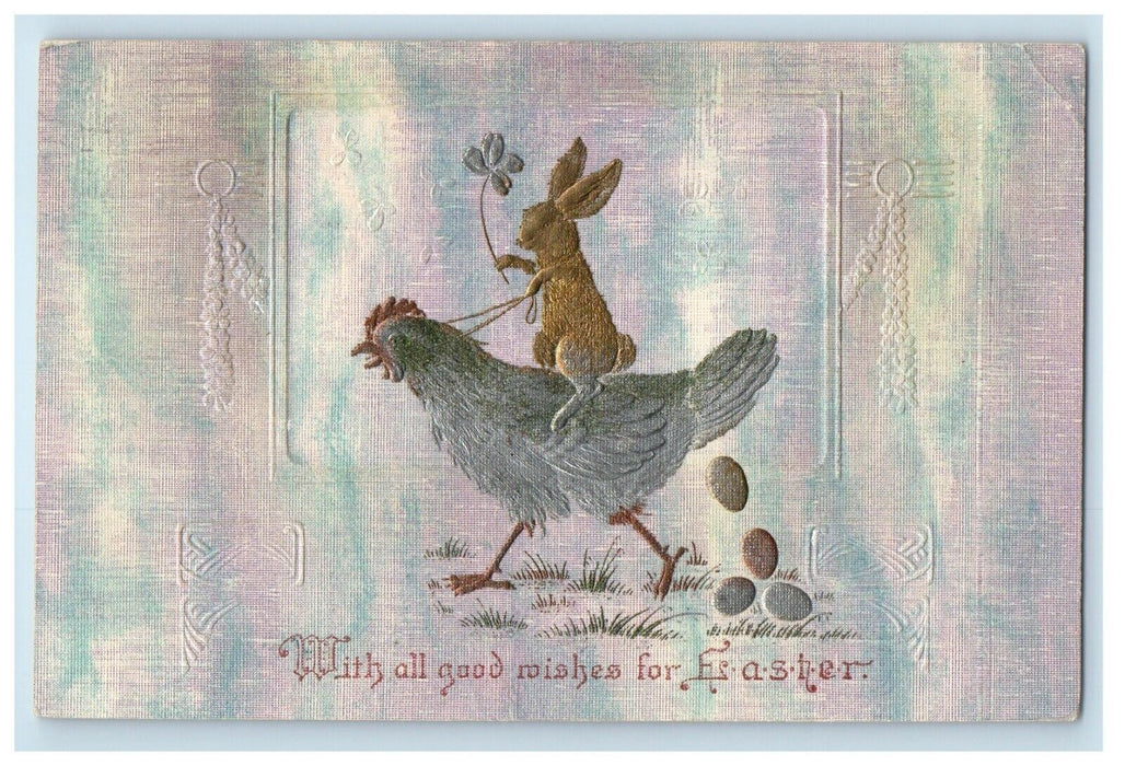 1908 Easter Rooster Chicken Eggs Rabbit Shamrock Art Crafts Embossed Postcard