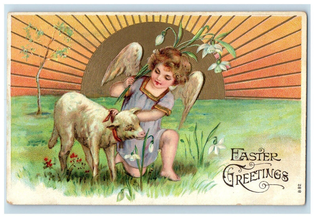 1909 Easter Greetings Cupid Angel Lamb Flowers Embossed Germany Postcard
