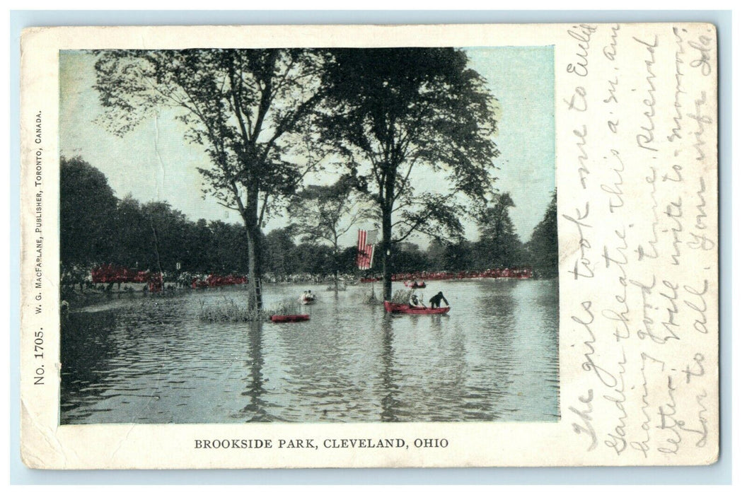 1906 Brookside Park Cleveland Ohio OH Canoe American Flag Postcard