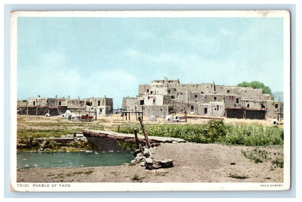 View Of Pueblo Taos Northeast Of Santa Fe New Mexico NM Fred Harvey Postcard