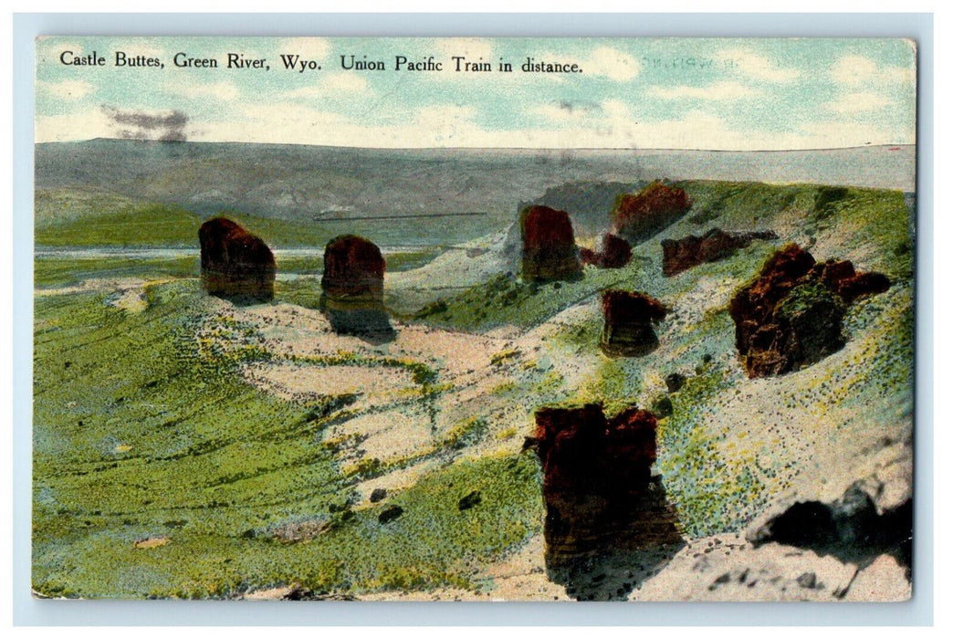 1910 Train in Distance, Castle Buttes, Green River Wyoming WY Postcard
