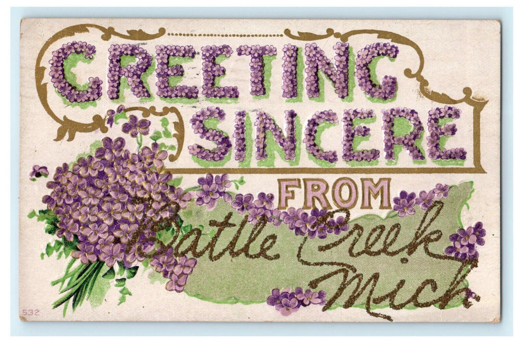 Greetings from Battle Creek Michigan Glitter Embossed 1910 Antique Postcard