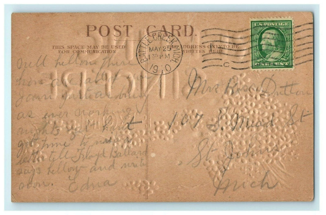 Greetings from Battle Creek Michigan Glitter Embossed 1910 Antique Postcard