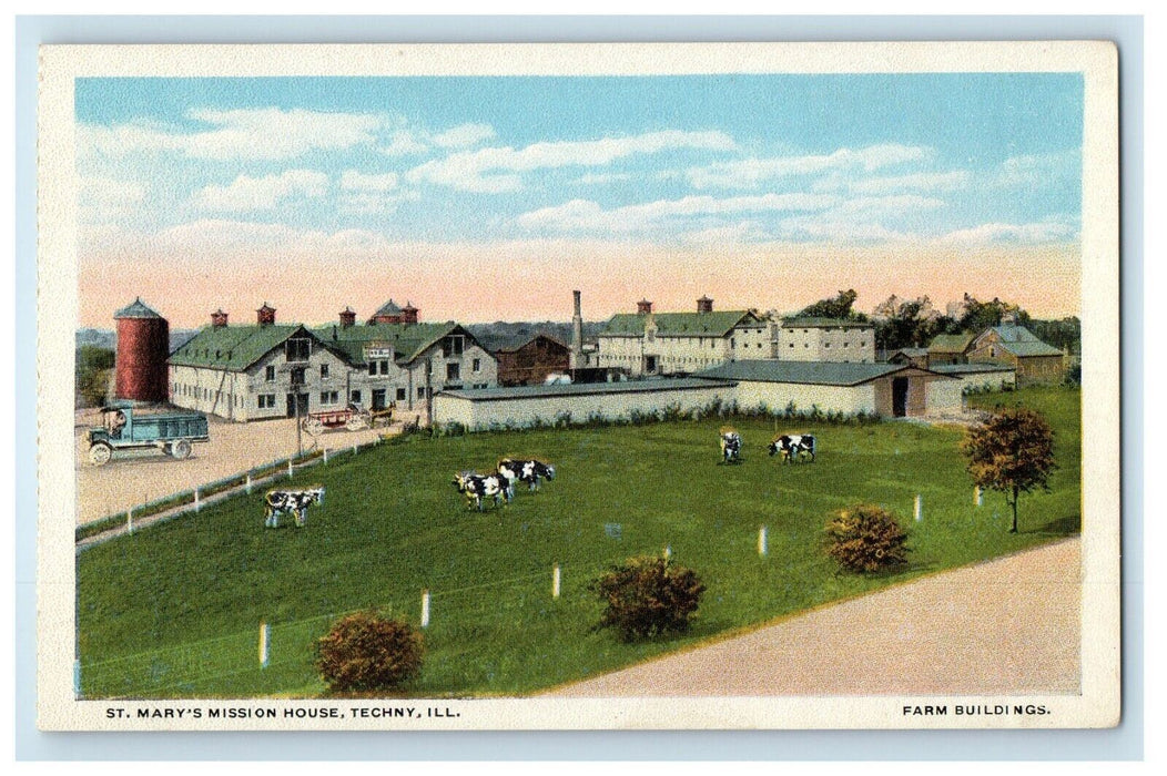 St. Mary's Mission House Farm Buildings Cows Techny Illinois IL Postcard