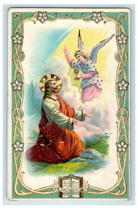 c1910's Jesus Christ And Floating Angel Gold Gilt Religious Germany Postcard