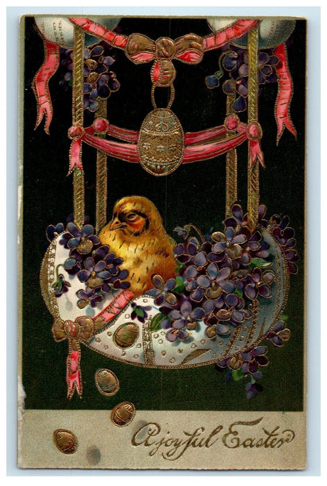 1909 Easter Hanging Egg Hatched Bird Flowers Ribbon Art Crafts Embossed Postcard