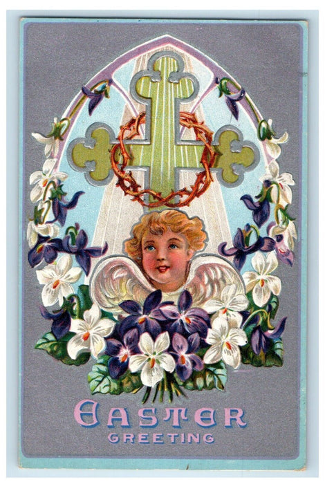 c1910's Easter Greeting Angel Cherub Lily Flowers Cross Embossed Postcard