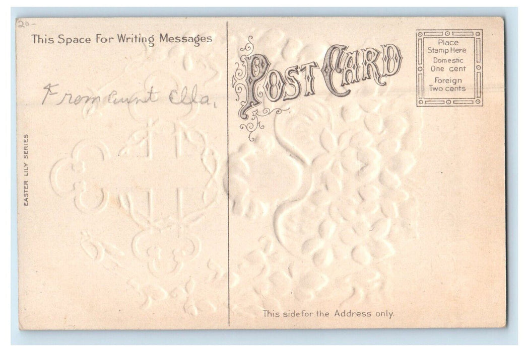 c1910's Easter Greeting Angel Cherub Lily Flowers Cross Embossed Postcard