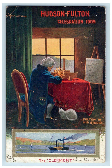 1909 Hudson Fulton Celebration The Clermont Albany NY, Steamer Cat Postcard