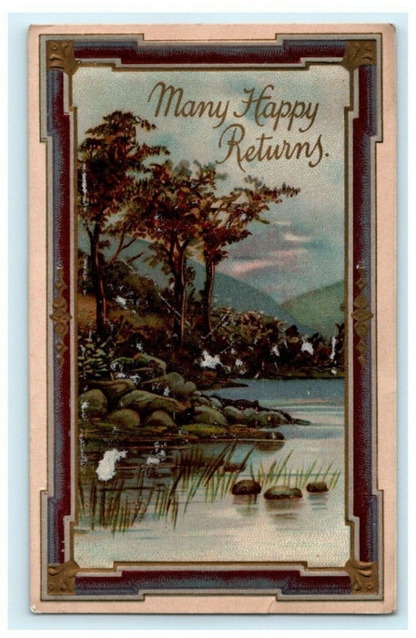 Happy Returns 1910 Republic Ohio Bryan Lake Stream Embossed Antique Postcard