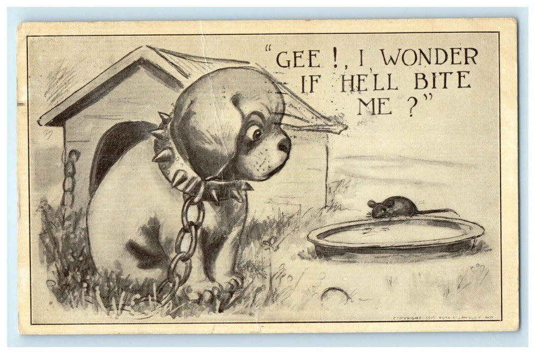 1912 Puppy Dog Dog House Mouse Rat Chain Freeport IL Comic Humor Funny Postcard