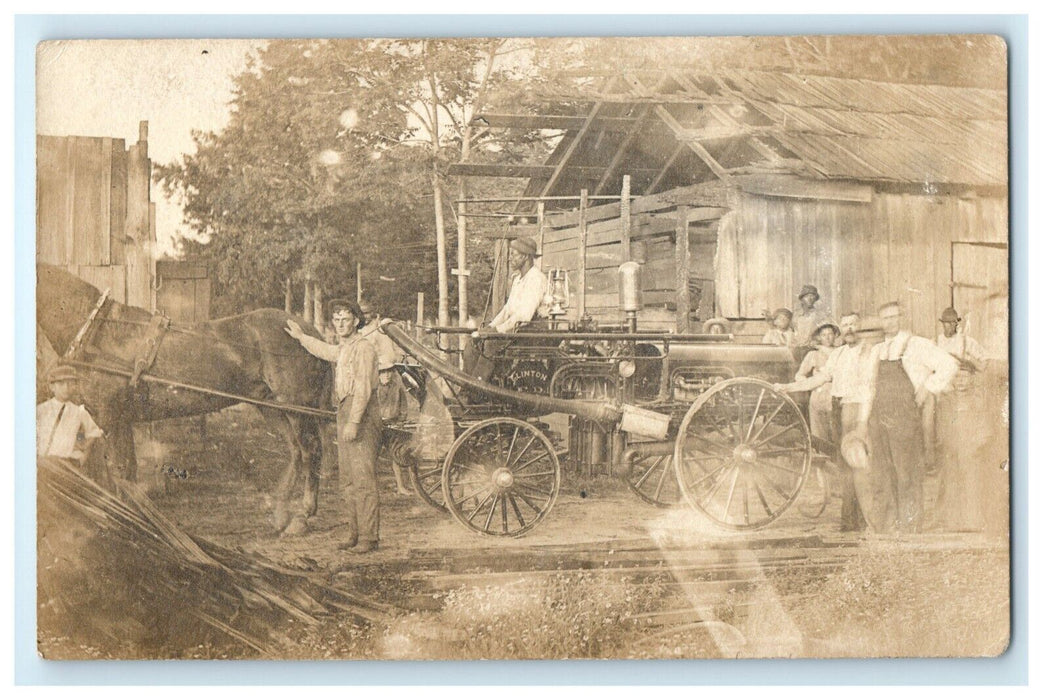 1907 Fire Engine Wagon Dept Horse Black Americana Clinton NC RPPC Photo Postcard