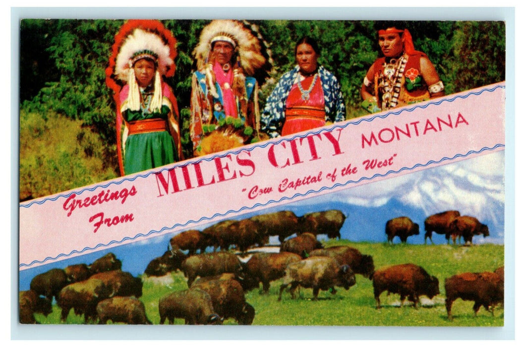 c1940's Greetings From Miles City Montana MT Large Letter Indians Bison Postcard