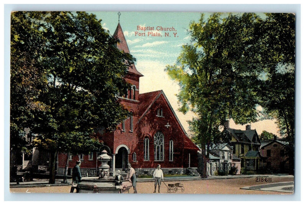 c1910's Baptist Church Street View Fountain Cart Fort Plain New York NY Postcard