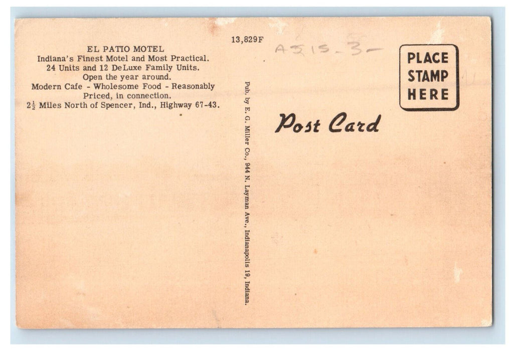 c1920s El Patio Motel, Highway 67 & 43 North of Spencer Indiana IN Postcard