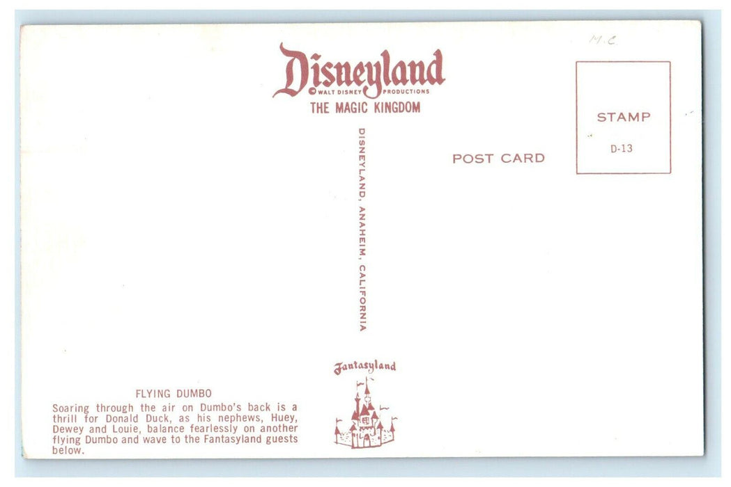 Disneyland Flying Dumbo Ride Donald Duck In Fantasyland Anaheim CA Postcard
