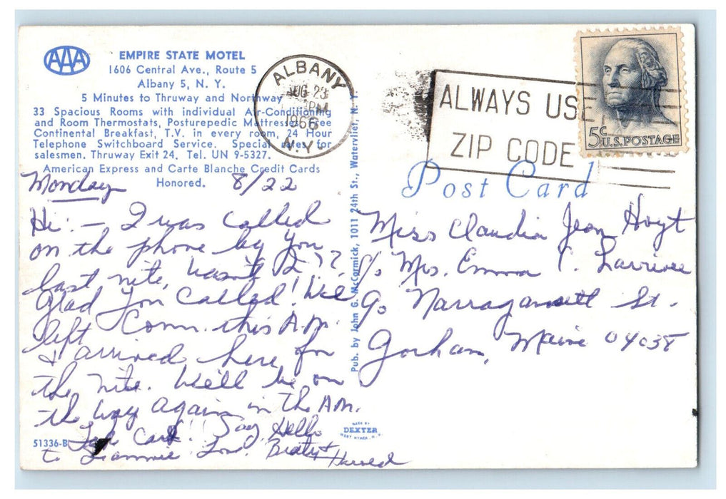 1966 1606 Central Ave. Empire State Motel Albany New York NY Cancel Postcard