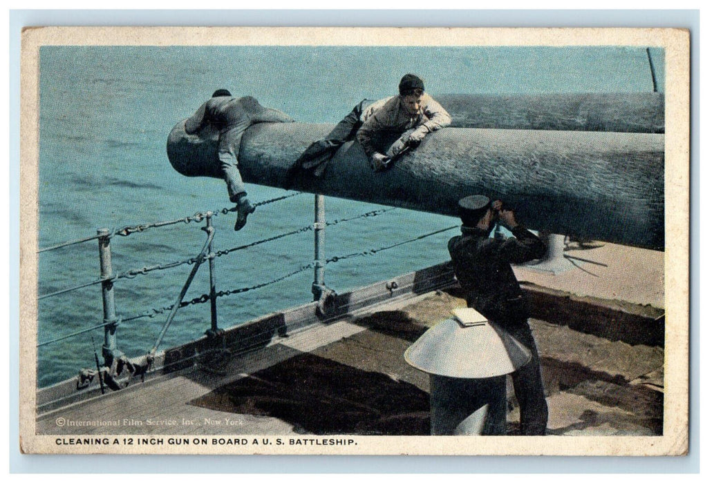 c1930s Cleaning a 12 Inch Canon on Board, US Battleship Unposted Postcard