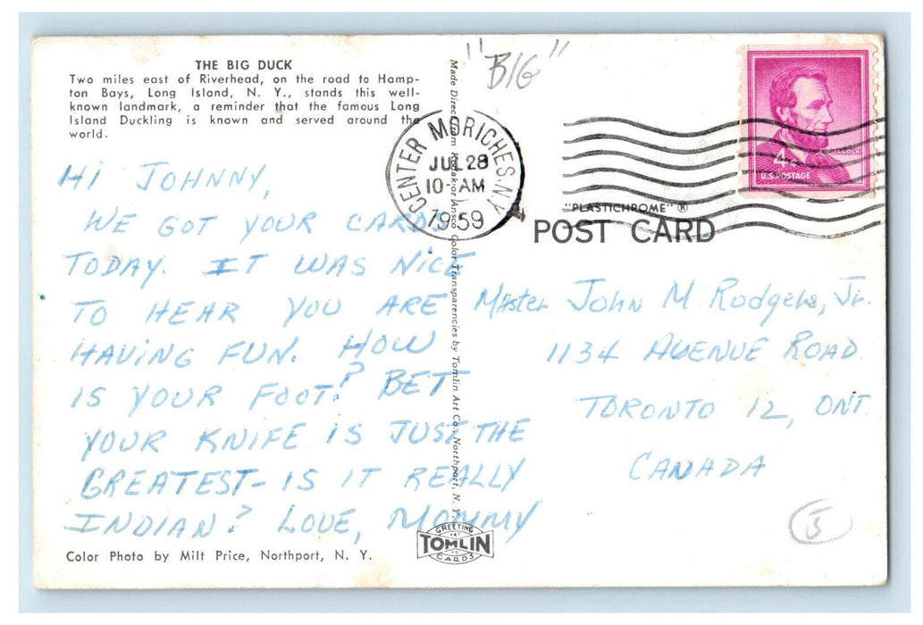 1959 The Big Duck, Hampton Bays Long Island New York NY Posted Postcard