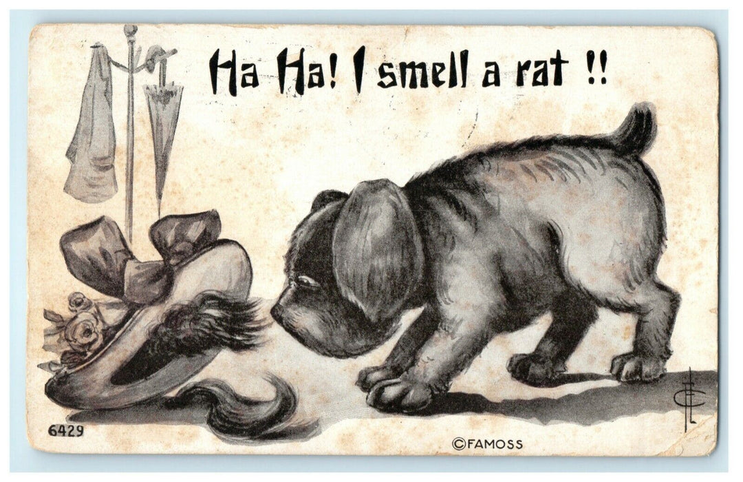 1910 Smell a Rat Puppy Dog Umbrella Comic Humor Funny Postcard