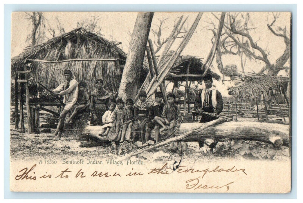 1906 Seminole Indian Village Hut Family Scene Florida FL Rotograph Postcard