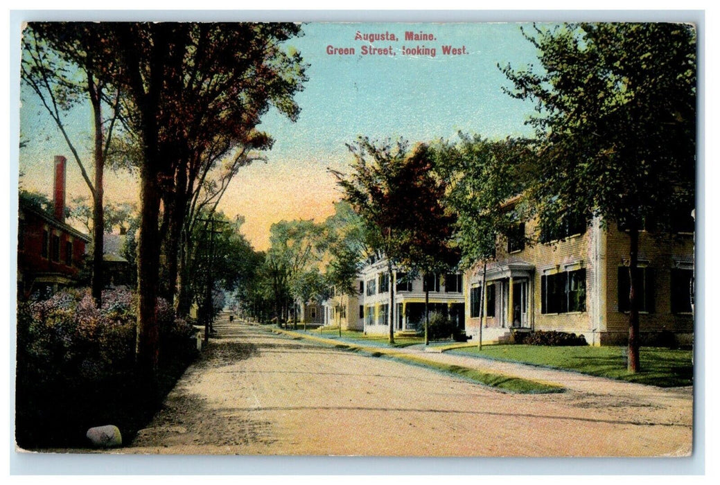 1919 Augusta Maine ME, View Of Green Street Looking West Posted Antique Postcard