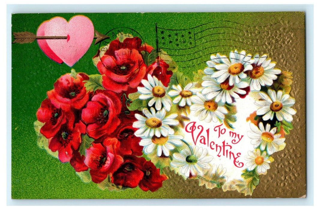 To My Valentine Red Roses White Daisies Republic Ohio 1910 Antique Postcard