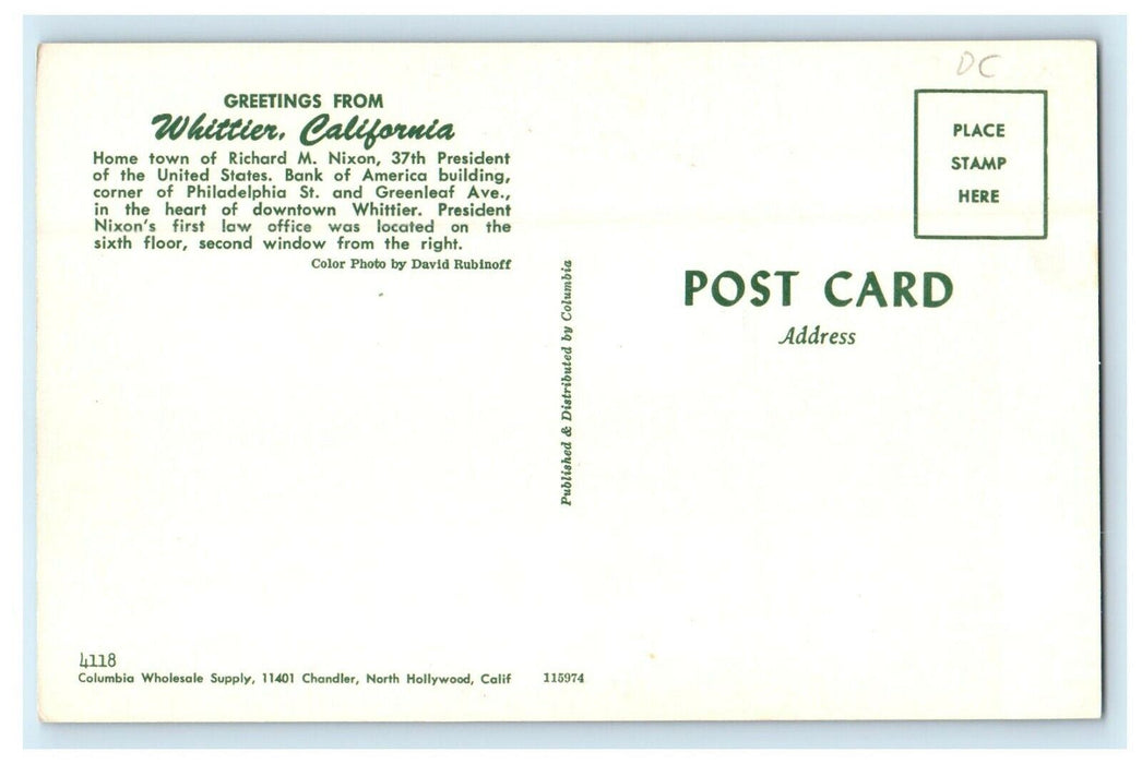 c1960's Greetings From Whittier Bank Of America Building California CA Postcard