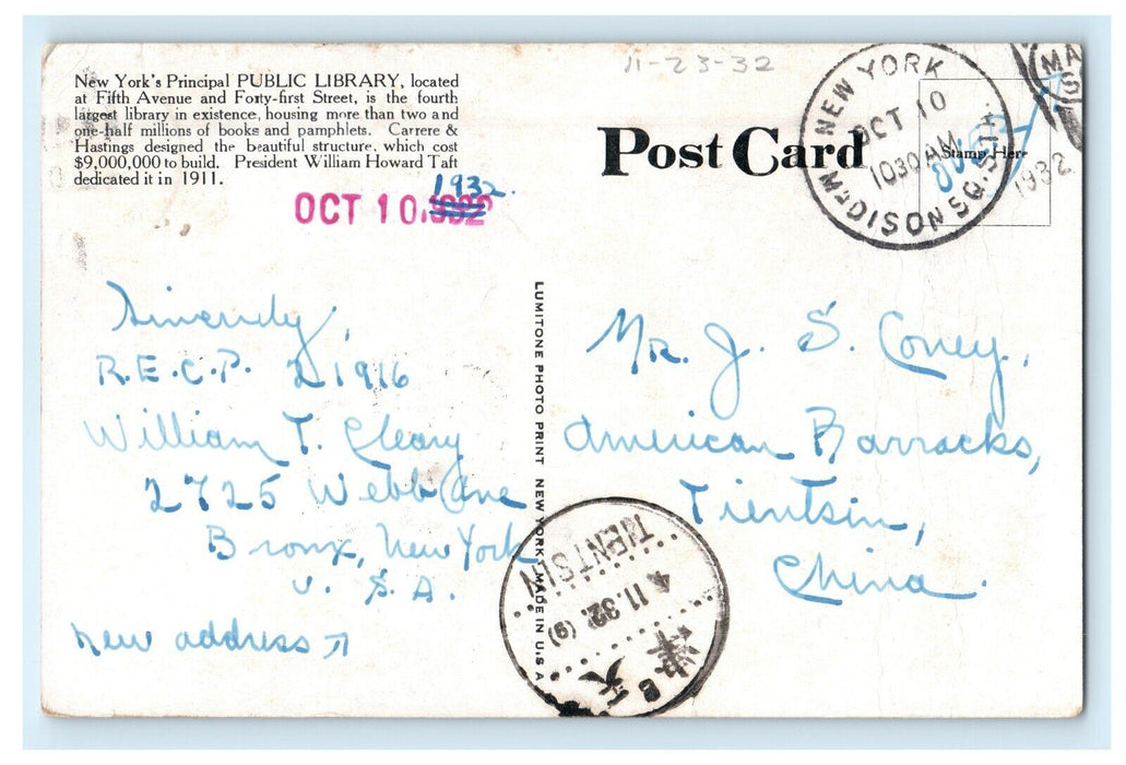 1932 Bronx NY New York to Tientsin China American Barracks Military Postcard