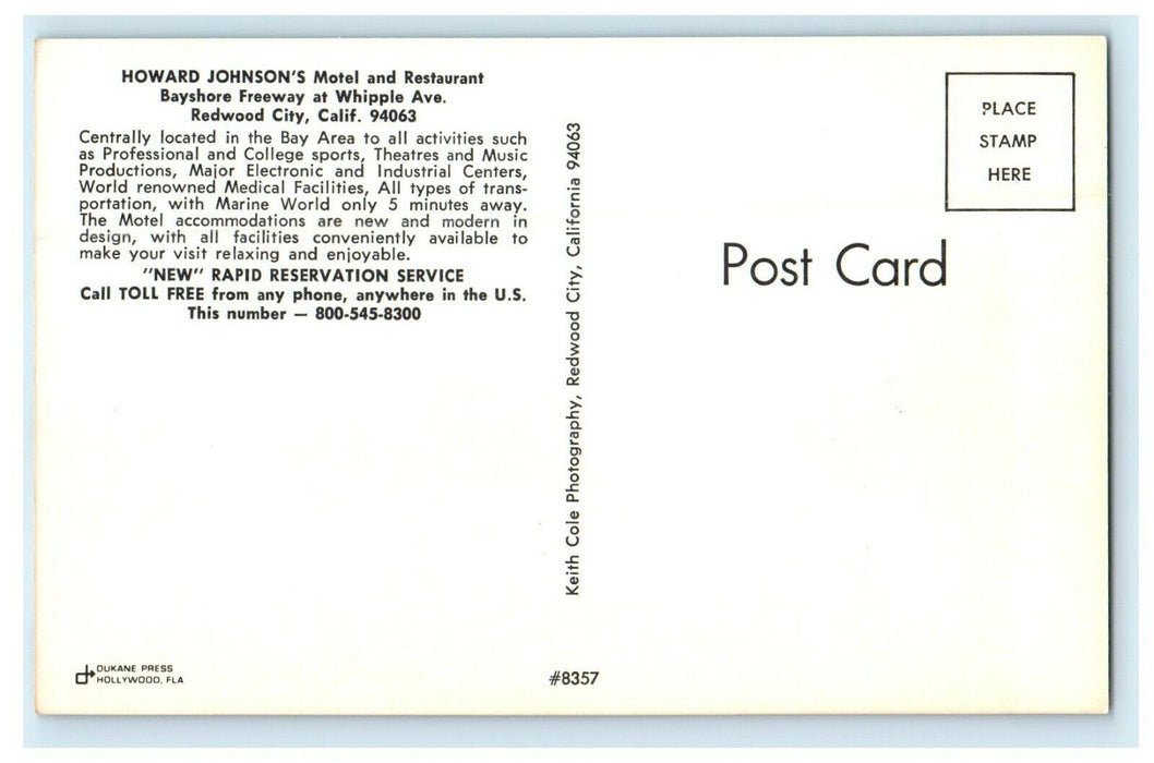 Howard Johnson's Motel And Restaurant Redwood City California CA Postcard